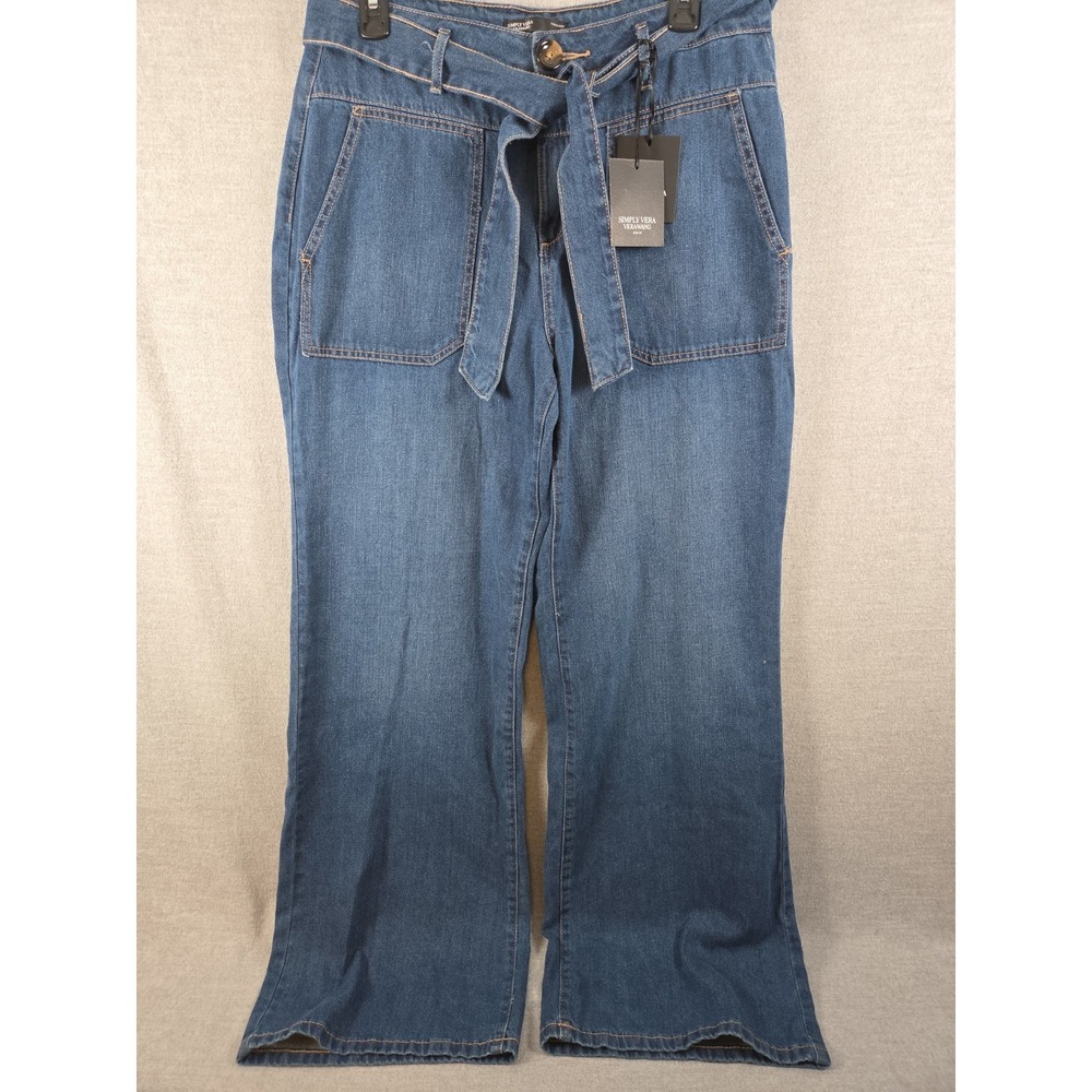 Simply Vera Wang Denim Trouser Jeans 10 Belted Wide Leg Flare Big Pocket NEW